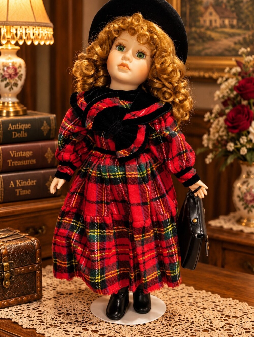 Vintage DanDee Collector’s Choice Porcelain Doll Red Plaid Dress Purse